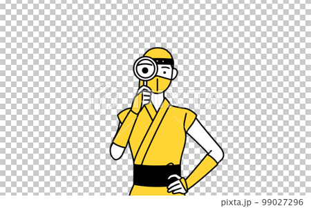 A woman in a ninja costume looking through a magnifying glass A woman in a ninja costume looking through a magnifying glass 99027296