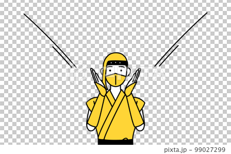 口に手を当てて呼び込みをする忍者のコスプレをした女性 99027299