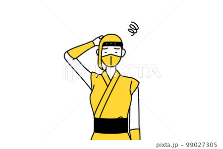 困って頭をかく忍者のコスプレをした女性 99027305