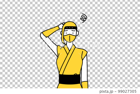 困って頭をかく忍者のコスプレをした女性 99027305