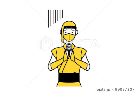 体の前で手を合わせて謝る忍者のコスプレをした女性 99027307