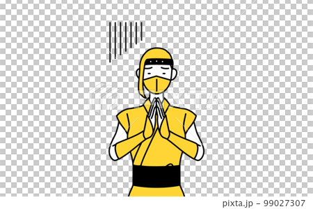 体の前で手を合わせて謝る忍者のコスプレをした女性 99027307