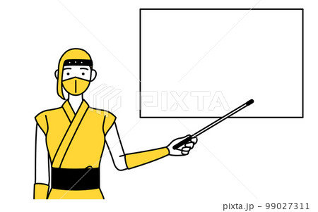 ホワイトボードを指示棒で指す忍者のコスプレをした女性 99027311