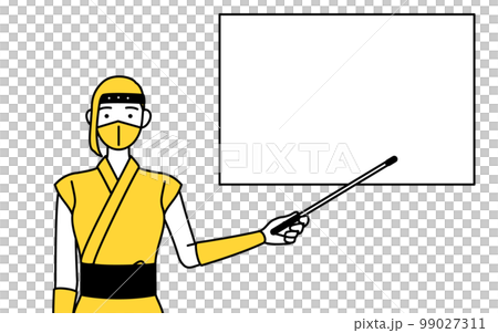 ホワイトボードを指示棒で指す忍者のコスプレをした女性 99027311