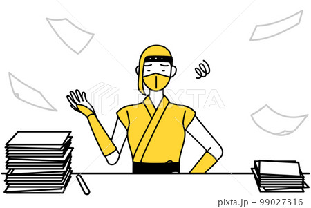 片付かない業務にうんざりする忍者のコスプレをした女性 99027316