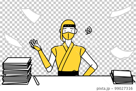 A woman in a ninja costume who is fed up with messy work 99027316