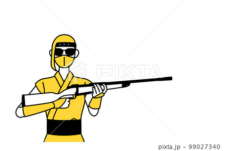 サングラスをかけてライフル銃を持つ忍者のコスプレをした女性 99027340
