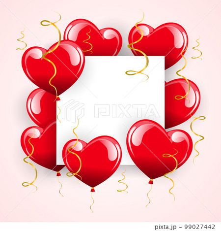 Festive banner, red heart balloons and golden streamers with white template for text. Postcard I love you, poster, 3d illustration, vector Festive banner, red heart balloons and golden streamers with white template for text. Postcard I love you, poster, 3d illustration, vector 99027442