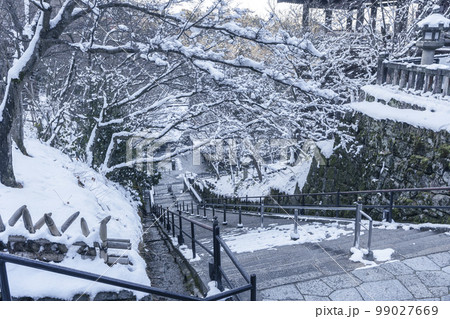 清水寺　音羽の滝へ向かう長い石階段　見事な雪景色 99027669