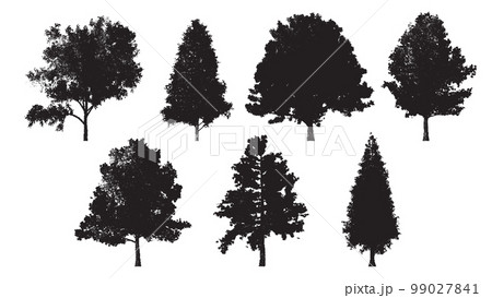 Set of tree silhouettes in dotwork style. For the forest or park background. Cedar, oak, robinia, maple black silhouettes. Set of tree silhouettes in dotwork style. For the forest or park background. Cedar, oak, robinia, maple black silhouettes. 99027841