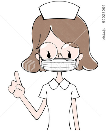 マスクをして上を指差す看護師（女性）のイラスト 99028004
