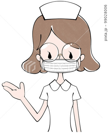 マスクをしてこちらですと案内する看護師（女性）のイラスト 99028006