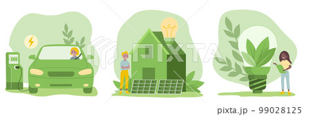 Sustainability illustration set in flat style. Energy saving light bulb, electric vehicle, solar panels. Green electricity and power save concept. 99028125