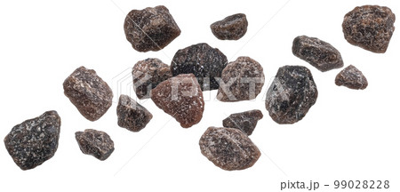 Falling black himalayan salt isolated on white background Falling black himalayan salt isolated on white background 99028228