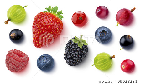 Fruits and berries isolated on white background, top view, flat lay Fruits and berries isolated on white background, top view, flat lay 99028231