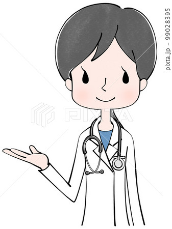 こちらです 聴診器を首にかけた医者(女性)のイラスト こちらです 聴診器を首にかけた医者(女性)のイラスト 99028395