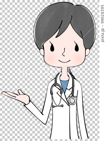 こちらです 聴診器を首にかけた医者(女性)のイラスト こちらです 聴診器を首にかけた医者(女性)のイラスト 99028395