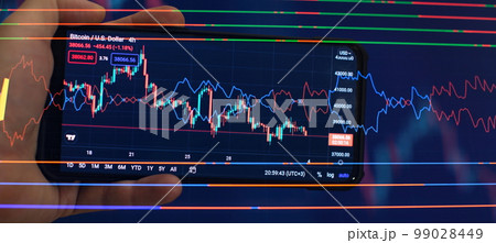 Technical analysis on the monitor of a computer. Fundamental and technical analysis concept. 99028449