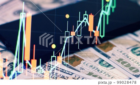 Business candlestick. Financial static analysis with growing financial charts. Online trading, Investment, Strategy market plan, and Stock market fluctuations Concept. 99028478