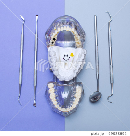 Dental tools and model of teeth on a blue background. Dental care concept. Invisible braces 99028692
