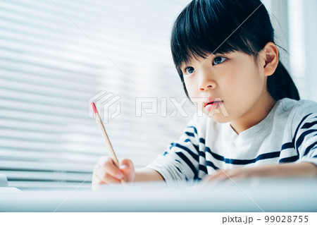 塾で勉強をする小学生の女の子。 塾で勉強をする小学生の女の子。 99028755