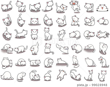 【セット】白ネコのかわいいイラスト/48匹 99028948