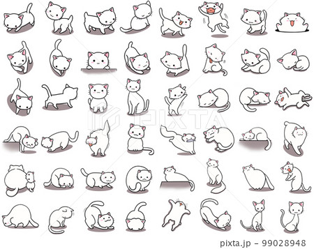【セット】白ネコのかわいいイラスト/48匹 99028948