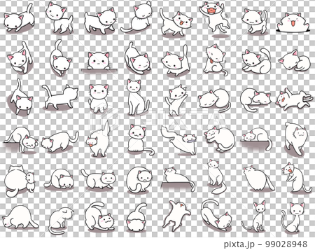 【セット】白ネコのかわいいイラスト/48匹 99028948