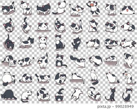 【セット】白黒ネコのかわいいイラスト/48匹 99028949