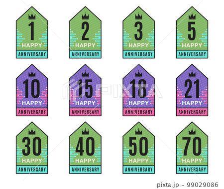 Anniversary Logo Templates Collection. Wedding badges in flat modern style and different color palletes. Birthday anniversary labels set. Stock vector emblem designs Anniversary Logo Templates Collection. Wedding badges in flat modern style and different color palletes. Birthday anniversary labels set. Stock vector emblem designs 99029086
