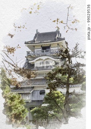 水彩画風　吉田展望台　小山城　静岡県吉田町 99029536