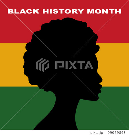 Black history month. Woman silhouette on green, yellow and red colors flag. African American History. Celebrated annual. Black history month. Woman silhouette on green, yellow and red colors flag. African American History. Celebrated annual. 99029843