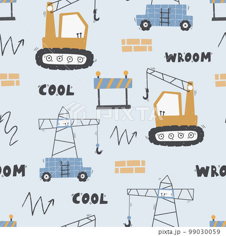 Cute children's seamless pattern with trucks and diggers in Scandinavian style on a white background. Funny construction transport 99030059