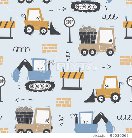 Cute children's seamless pattern with trucks and diggers in Scandinavian style on a white background. Funny construction transport 99030065