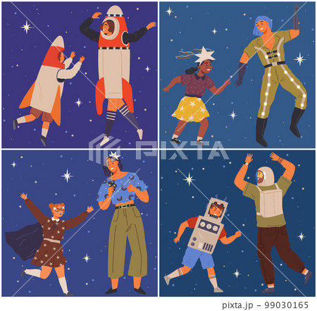 Animators at birthday in cosmic style. Theme party in costumes. People in costumes have fun at space party Animators at birthday in cosmic style. Theme party in costumes. People in costumes have fun at space party 99030165
