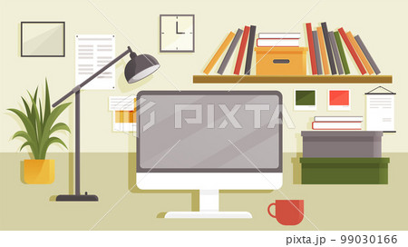 Modern office or home workplace design. Interior with desk, plants, computer, PC, documents, books 99030166