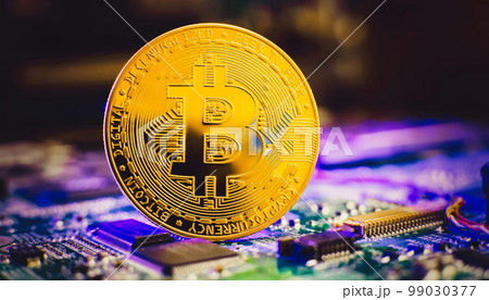 Blockchain technology bitcoin mining concept. Bitcoin golden coin on computer circuit board. banner copy space 99030377