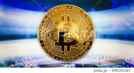 Golden cryptocurrencies Bitcoin golden coin on computer circuit board. banner copy space Golden cryptocurrencies Bitcoin golden coin on computer circuit board. banner copy space 99030385