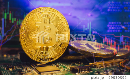 Golden cryptocurrencies Bitcoin golden coin on computer circuit board. banner copy space Golden cryptocurrencies Bitcoin golden coin on computer circuit board. banner copy space 99030392