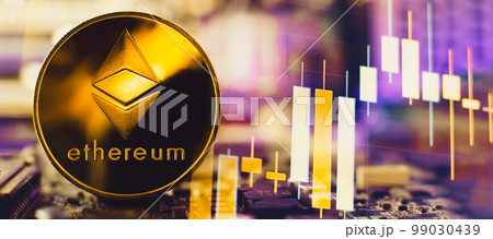 Bitcoin cryptocurrency new version on computer electronic circuit board background . Virtual cryptocurrency money Bitcoin golden 99030439