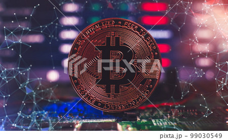 Blockchain technology bitcoin mining concept. Bitcoin golden coin on computer circuit board. banner copy space 99030549