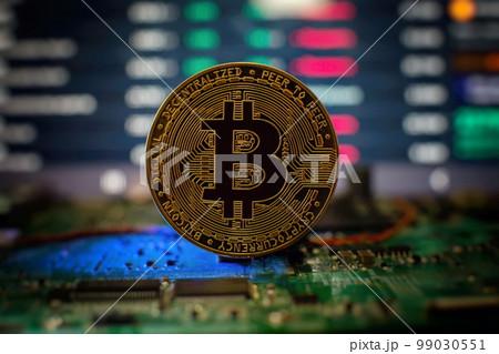 Golden cryptocurrencies Bitcoin golden coin on computer circuit board. banner copy space Golden cryptocurrencies Bitcoin golden coin on computer circuit board. banner copy space 99030551