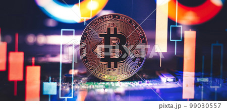 Cryptocurrency concept , Golden bitcoin on mainboard , The future of money. Computational equipment. Cryptocurrency concept , Golden bitcoin on mainboard , The future of money. Computational equipment. 99030557