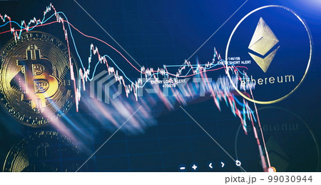 Chart shows a strong increase in the price of bitcoin. Investing in virtual assets. Investment platform with charts and bitcoin coin. Chart shows a strong increase in the price of bitcoin. Investing in virtual assets. Investment platform with charts and bitcoin coin. 99030944