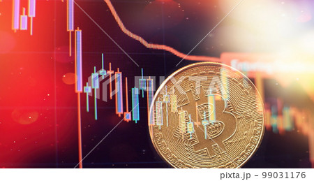 Gold bitcoins with Candle stick graph chart and digital background.Golden coin with icon letter B.Mining or blockchain technology Gold bitcoins with Candle stick graph chart and digital background.Golden coin with icon letter B.Mining or blockchain technology 99031176