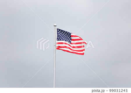 風に吹かれるアメリカの国旗 99031243