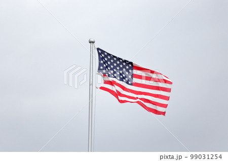 風に吹かれるアメリカの国旗 99031254