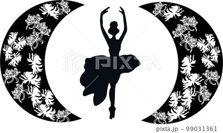 Watercolor dancing pretty ballerina with flowers and moon. Watercolor hand drawn illustration. Can be used for cards or posters. With white isolated background. Young  pretty ballerina women. 99031361