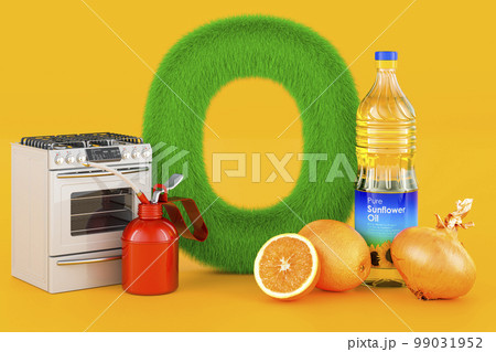 Fluffy letter O with oven, oil can, orange, onion, sunflower oil bottle. Kids ABC, 3D rendering 99031952