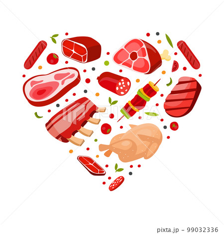 Fresh Natural Meat Product from Butchery Arranged in Heart Vector Template 99032336